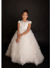 Cap Sleeves Ivory Lace Tulle Ruffled Stunning Flower Girl Dress